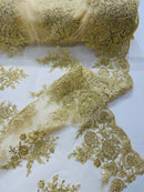 Flower Lace Sequins Fabric - Champagne - Embroidered Floral Pattern Fabric with Sequins on Lace By Yard