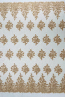 Flower 3D Corded Fabric - Champagne - Lace Mesh Fabric Embroidered Floral Design by Yard