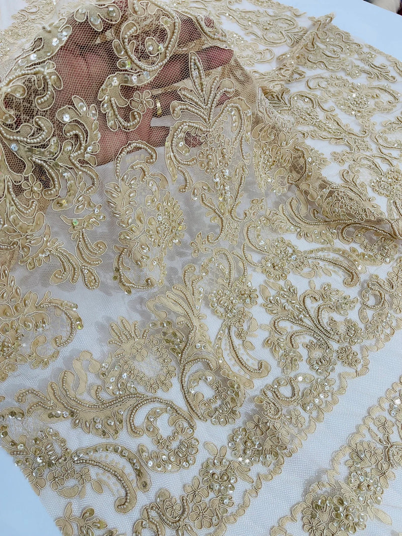 My Lady Beaded Fabric - Champagne - Damask Beaded Sequins Embroidered Fabric By Yard