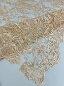Rhinestone Design Fabric - Champagne - Beaded Damask Design Embroidery Corded Lace  by Yard
