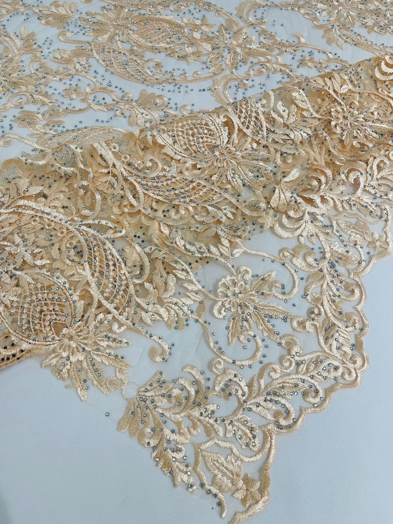 Rhinestone Design Fabric - Champagne - Beaded Damask Design Embroidery Corded Lace  by Yard