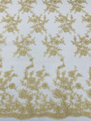 Floral Cluster Corded Fabric - Champagne - Fancy Flower Embroidery Lace Mesh Fabric By Yard