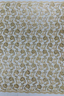 Corded Lace Flower Fabric - Champagne - Floral Design Embroidered Sequins on Mesh Lace Fabric