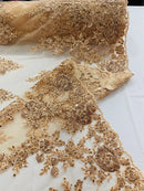 Rose Beaded Sequin Fabric - Champagne - Embroidered Floral Pattern with Beads and Sequins By Yard