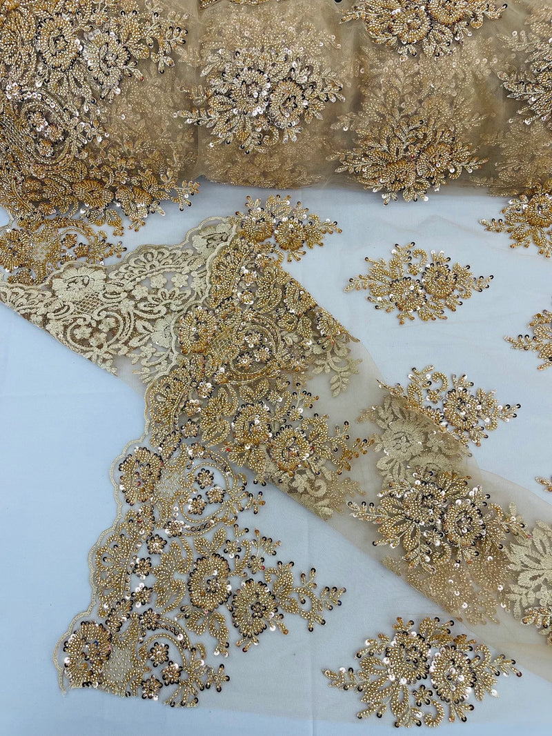 Heavy Bridal Lace Fabric - Champagne - Floral Beaded Heavy Lace Fabric Sold by Yard
