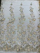 3D Glitter Floral Fabric - Champagne - Glitter Sequin Flower Design on Lace Mesh Fabric by Yard