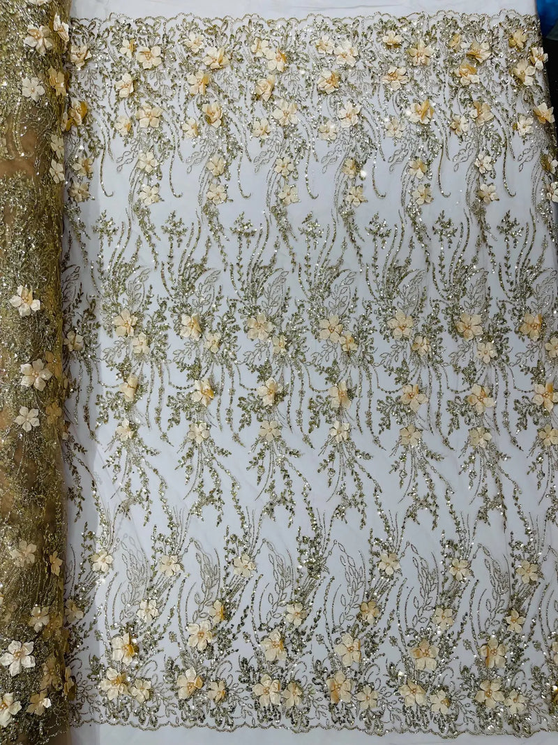 Flower 3D Glitter Fabric - Champagne - Embroidered Floral Sequins Design Fabric by Yard