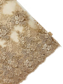 Flower 3D Corded Fabric - Champagne - Lace Mesh Fabric Embroidered Floral Design by Yard