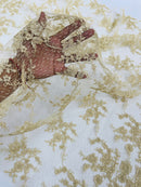 Floral Cluster Corded Fabric - Champagne - Fancy Flower Embroidery Lace Mesh Fabric By Yard