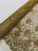 Glitter Damask Geometric Fabric - Champagne - Geometric Damask Design Lace Mesh Fabric By Yard