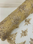 Floral Damask Bead Fabric - Champagne - Embroidered Floral Clusters with Beads / Sequins by Yard