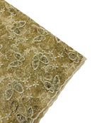 Butterfly Floral Lace Fabric - Champagne - Butterfly Flower Metallic Design on Lace Fabric By Yard