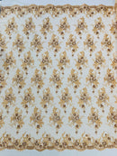 Beaded Sequins Floral Fabric - Champagne - Embroidered Beaded Floral Clusters Sequins Fabric By Yard
