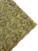 Corded Lace Flower Fabric - Champagne - Floral Design Embroidered Sequins on Mesh Lace Fabric