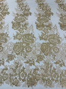 Rose Tulle Glitter Design Fabric - Champagne - 3D Glitter Tulle Rose Plant Design Fabric By Yard