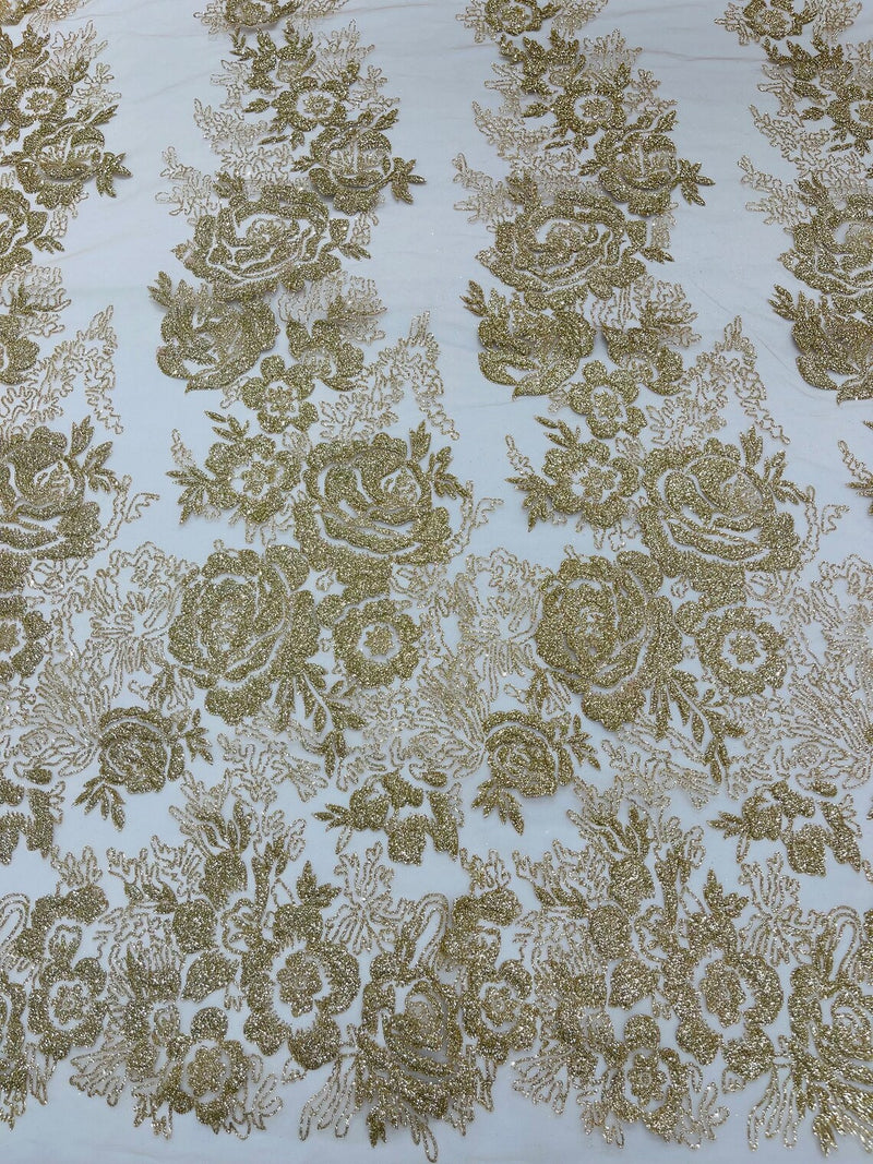 Rose Tulle Glitter Design Fabric - Champagne - 3D Glitter Tulle Rose Plant Design Fabric By Yard