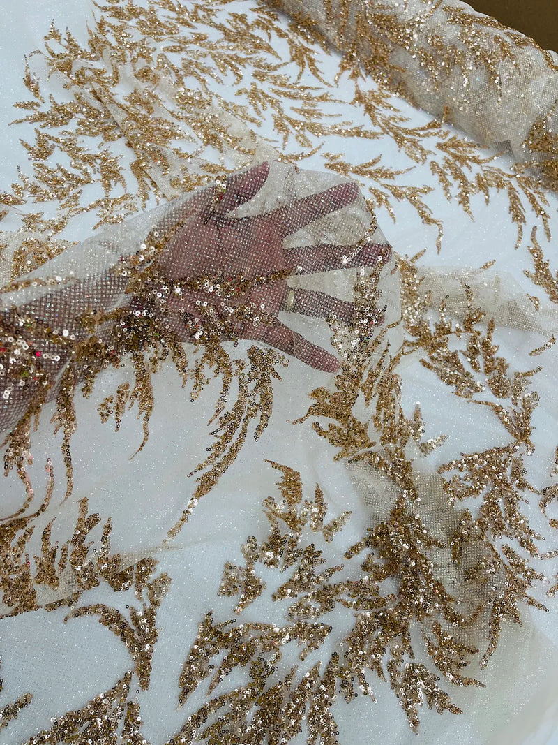 Plant Cluster Glitter Fabric - Rose Gold - Beaded Embroidered Leaf Plant Design on Lace Mesh By Yard