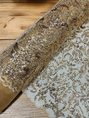 Floral Leaf Bead Fabric - Champagne - Leaf Design Shiny Beads and Sequins on Lace Mesh by Yard