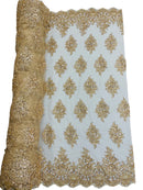 Heavy Bridal Lace Fabric - Champagne - Floral Beaded Heavy Lace Fabric Sold by Yard