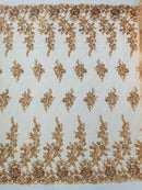 Rose Beaded Sequin Fabric - Champagne - Embroidered Floral Pattern with Beads and Sequins By Yard