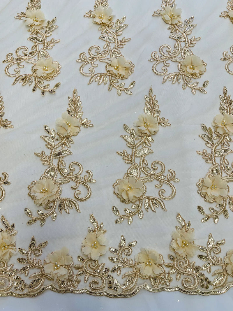 3D Floral Cluster with Border Lace - Champagne - Flower with Leaves Design 3D Fabrics Sold By Yard