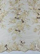 Rose Plant Design Sequins Fabric - Champagne - Embroidered Sequins Rose Pattern on Lace By Yard
