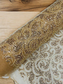 Swirl Design Bead Fabric - Champagne - Beaded Swirl Design with Sequins on Mesh Lace by Yard