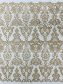 King Lace Design Fabric - Champagne - King Design with Sequins Embroidered On Mesh By Yard