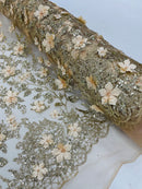 3D Glitter Floral Fabric - Champagne - Glitter Sequin Flower Design on Lace Mesh Fabric by Yard