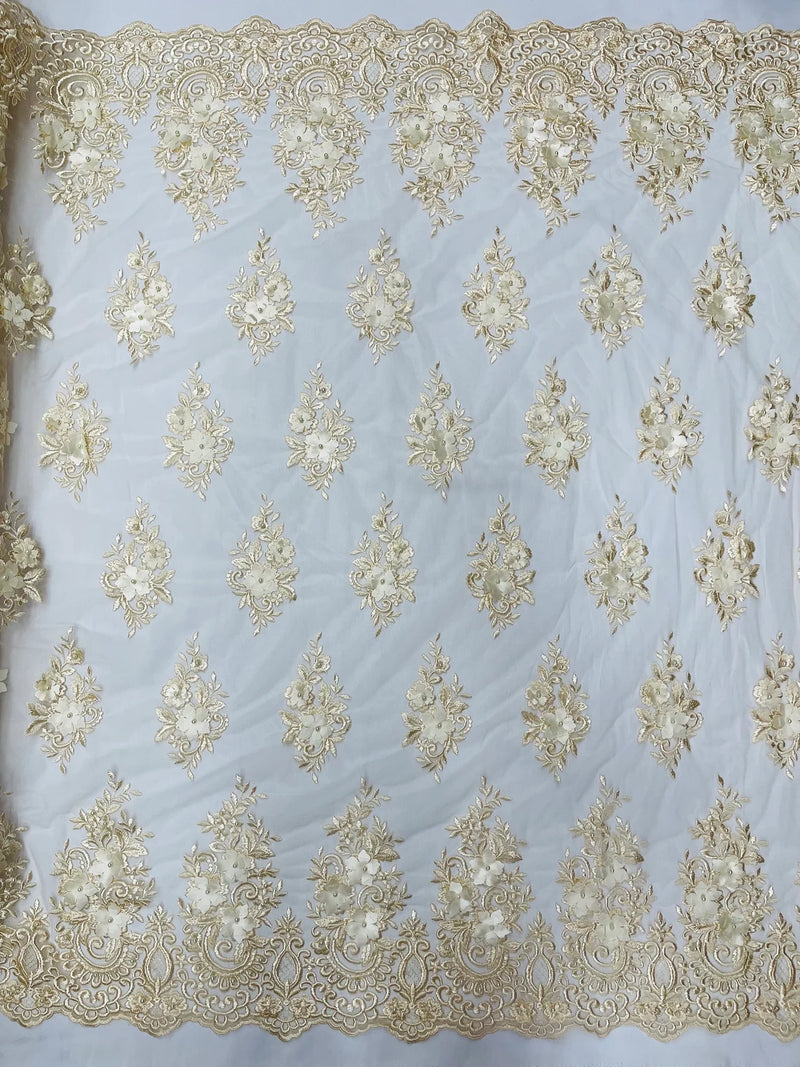 3D Floral Fabric with Pearls - Champagne - Embroidered Flower and Leaf Patterns on Lace Fabric by Yard