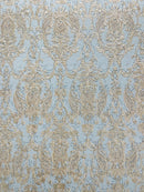 Rhinestone Design Fabric - Champagne - Beaded Damask Design Embroidery Corded Lace  by Yard