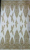 Fancy Rhinestone Glitter Fabric - Champagne - Embroidered Damask Design Glitter Mesh Fabric by Yard