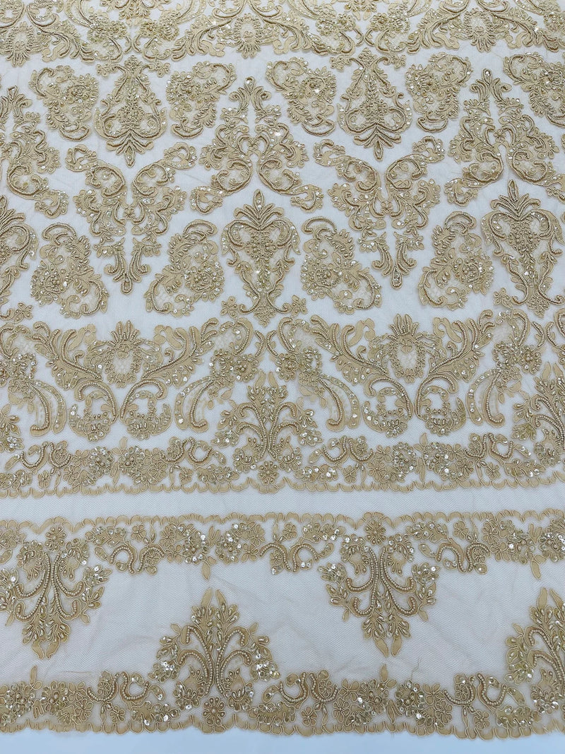 My Lady Beaded Fabric - Champagne - Damask Beaded Sequins Embroidered Fabric By Yard