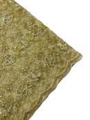 Metallic Floral Butterfly Fabric - Champagne - Embroidered Floral Butterfly Design Mesh Fabric by Yard