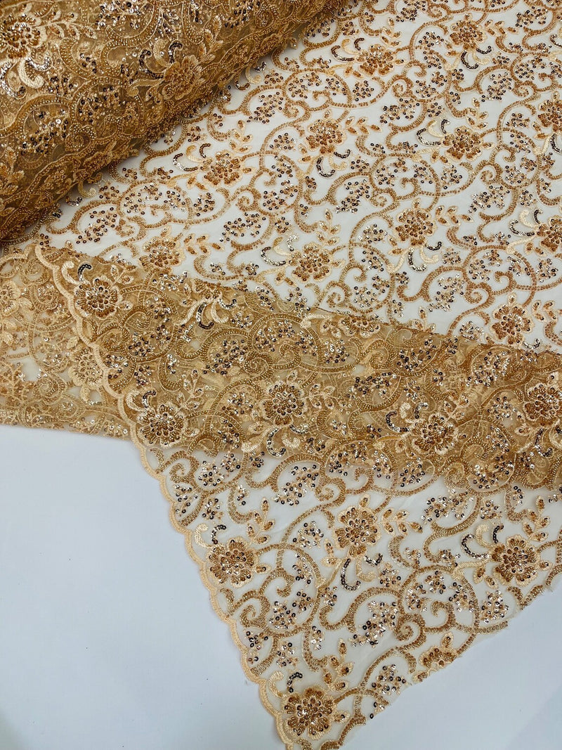 Embroidery Beaded Fabric - Champagne - Beaded Floral Bridal Embroidery Fabric Sold by the yard