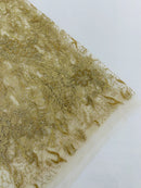 Floral Glitter Design Fabric - Champagne - 3D Glitter Tulle Flower Plant Design Fabric By Yard