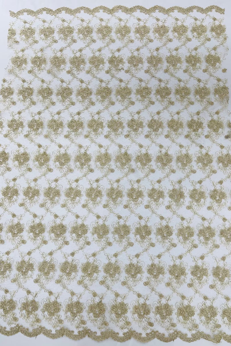 Jasmine Flower Fabric - Champagne - Embroidered Floral Design Lace Mesh Bridal Fabric By Yard