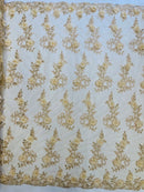 3D Floral Cluster with Border Lace - Champagne - Flower with Leaves Design 3D Fabrics Sold By Yard