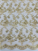 Metallic Floral Butterfly Fabric - Champagne - Embroidered Floral Butterfly Design Mesh Fabric by Yard