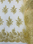 Flower Lace Sequins Fabric - Champagne - Embroidered Floral Pattern Fabric with Sequins on Lace By Yard