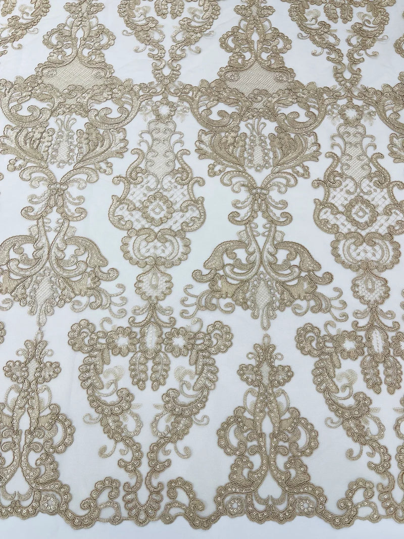 King Lace Design Fabric - Champagne - King Design with Sequins Embroidered On Mesh By Yard