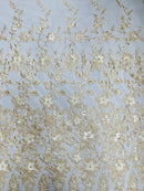 3D Scalloped Floral Fabric - Champagne - Embroidered Floral Design on Lace Sold By Yard