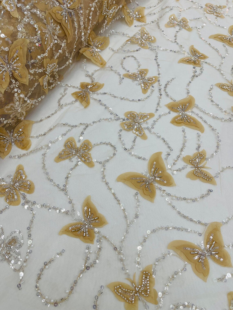3D Butterfly Sequins Bead Fabric - Gold - Sequins Embroidered Beaded Fabric By Yard
