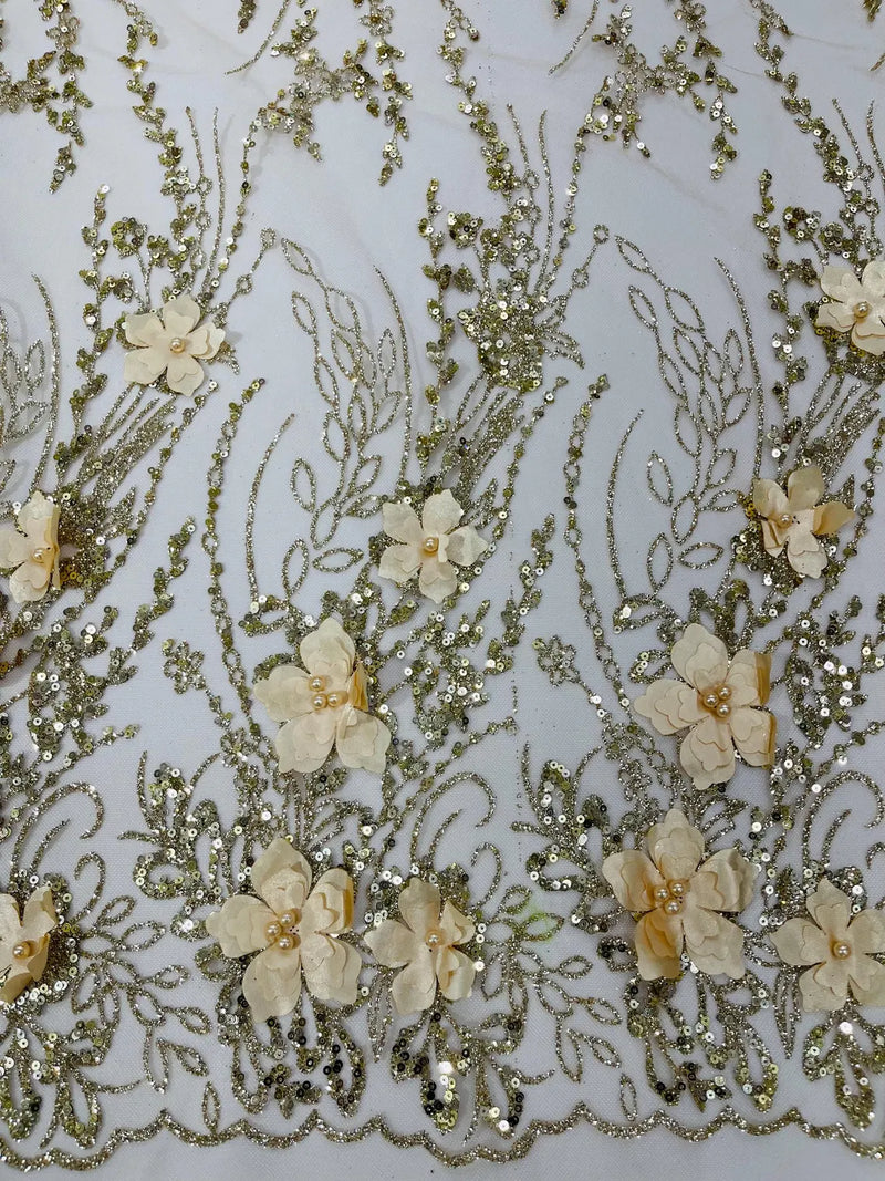 Flower 3D Glitter Fabric - Champagne - Embroidered Floral Sequins Design Fabric by Yard