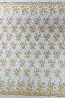 Floral Cluster Corded Fabric - Champagne - Fancy Flower Embroidery Lace Mesh Fabric By Yard