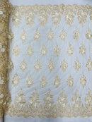 3D Floral Fabric with Pearls - Champagne - Embroidered Flower and Leaf Patterns on Lace Fabric by Yard