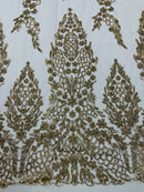 Fancy Rhinestone Glitter Fabric - Champagne - Embroidered Damask Design Glitter Mesh Fabric by Yard