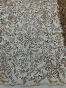 Floral Leaf Bead Fabric - Champagne - Leaf Design Shiny Beads and Sequins on Lace Mesh by Yard