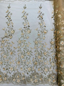 3D Glitter Floral Fabric - Champagne - Glitter Sequin Flower Design on Lace Mesh Fabric by Yard