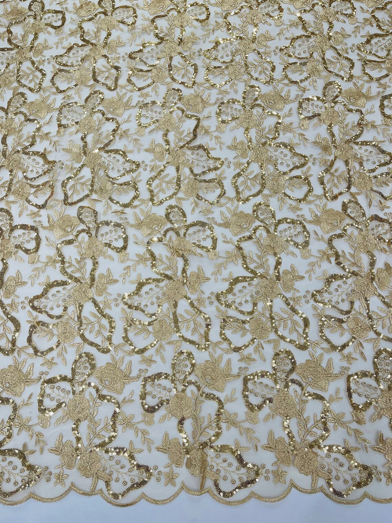 Flower Plant Sequins Fabric - Champagne - Embroidered Sequins On Flower Pattern Lace By Yard